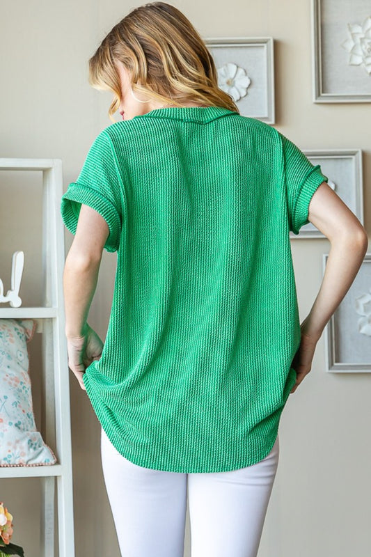 Front Pocket Short Sleeve Ribbed Top