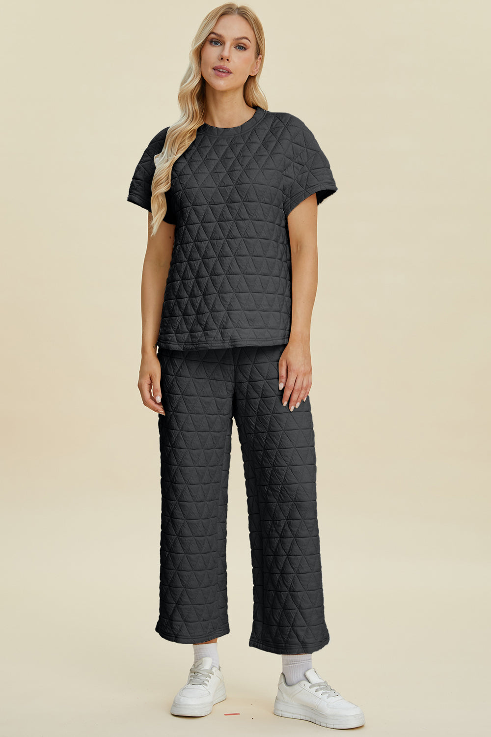 Texture Round Neck Short Sleeve Top and Pants Set