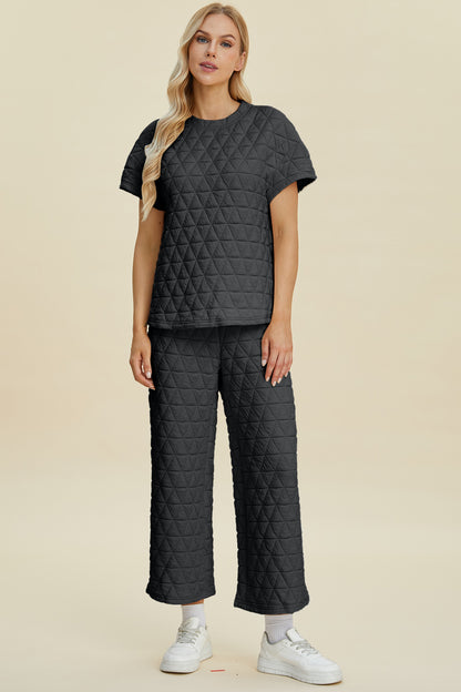 Texture Round Neck Short Sleeve Top and Pants Set