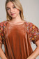 Velvet Embroidery Short Sleeve Blouse - Brown