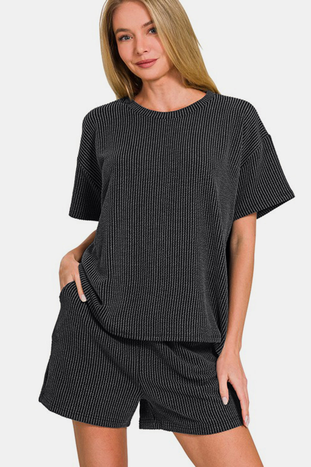 Rib Short Sleeve T-Shirt and Shorts Set - Black
