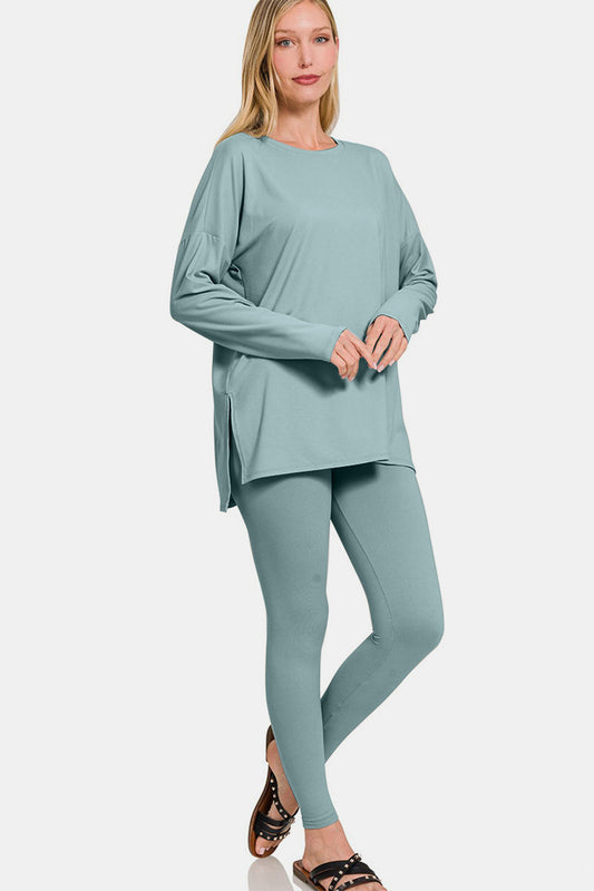 Brushed Microfiber Top and Leggings Lounge Set - Blue Grey