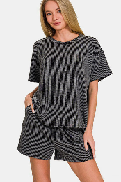 Rib Short Sleeve T-Shirt and Shorts Set - Dark Gray