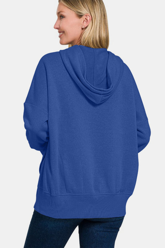 Half Snap Long Sleeve Hoodie with Kangaroo Pocket - Navy