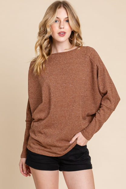 Drop Shoulder Long Sleeve Knit Top - Camel