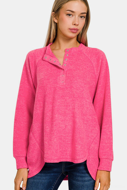 Brushed Melange Hacci High-Low Sweater - Fuchsia