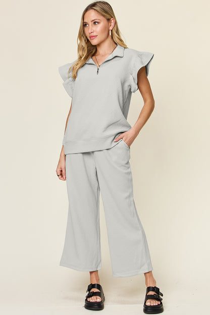 Texture Ruffle Short Sleeve Top and Drawstring Wide Leg Pants Set - 11 Colors