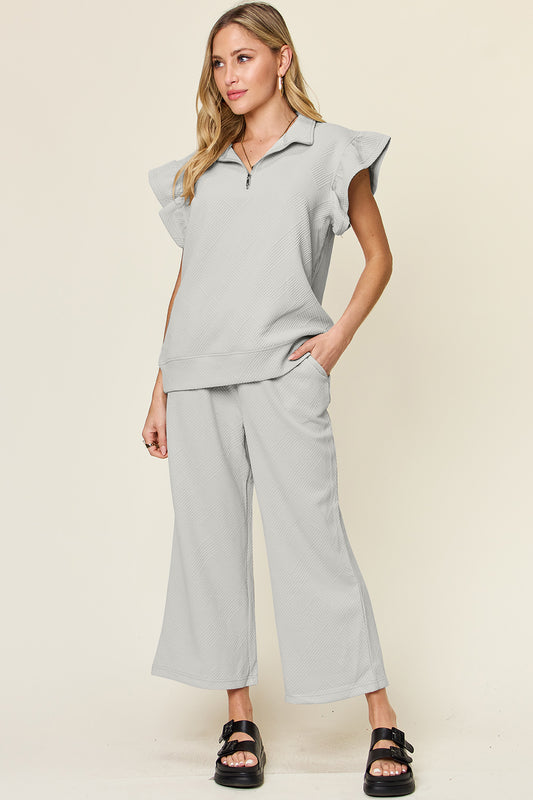 Texture Ruffle Short Sleeve Top and Drawstring Wide Leg Pants Set - 11 Colors