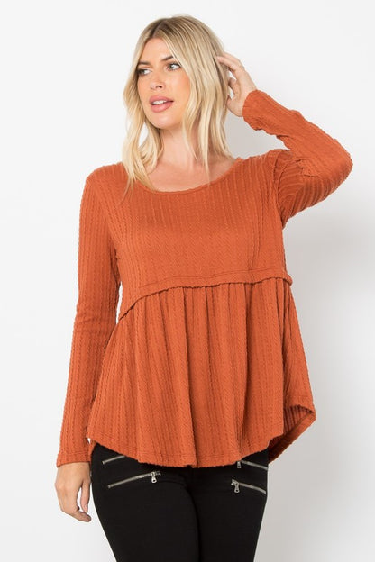 Texture Babydoll Round Neck Long Sleeve Knit Top - Rust