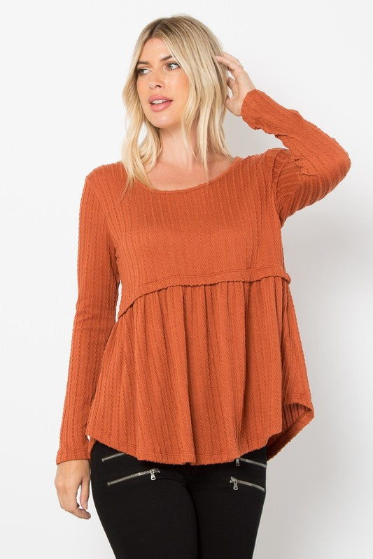 Texture Babydoll Round Neck Long Sleeve Knit Top - Rust