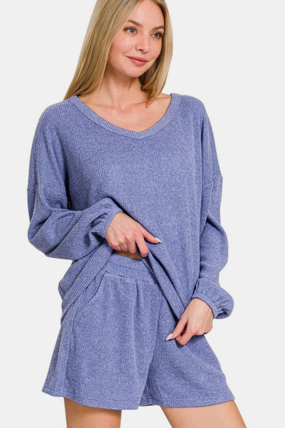 V-Neck Long Sleeve Ribbed Top and Shorts Set - Blue Purple