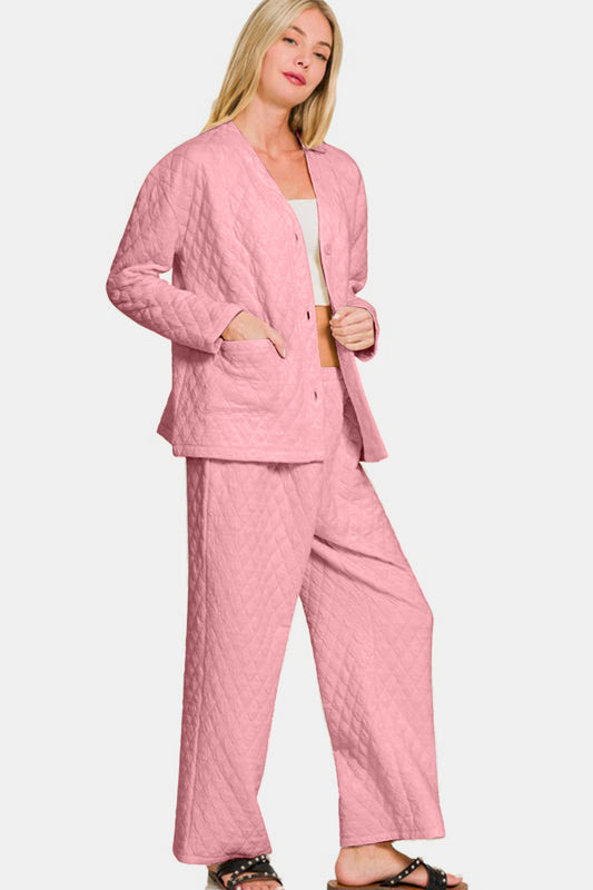 Quilted Button Up Long Sleeve Top and Pants Lounge Set - Pink