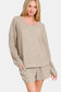 V-Neck Long Sleeve Ribbed Top and Shorts Set - Khaki