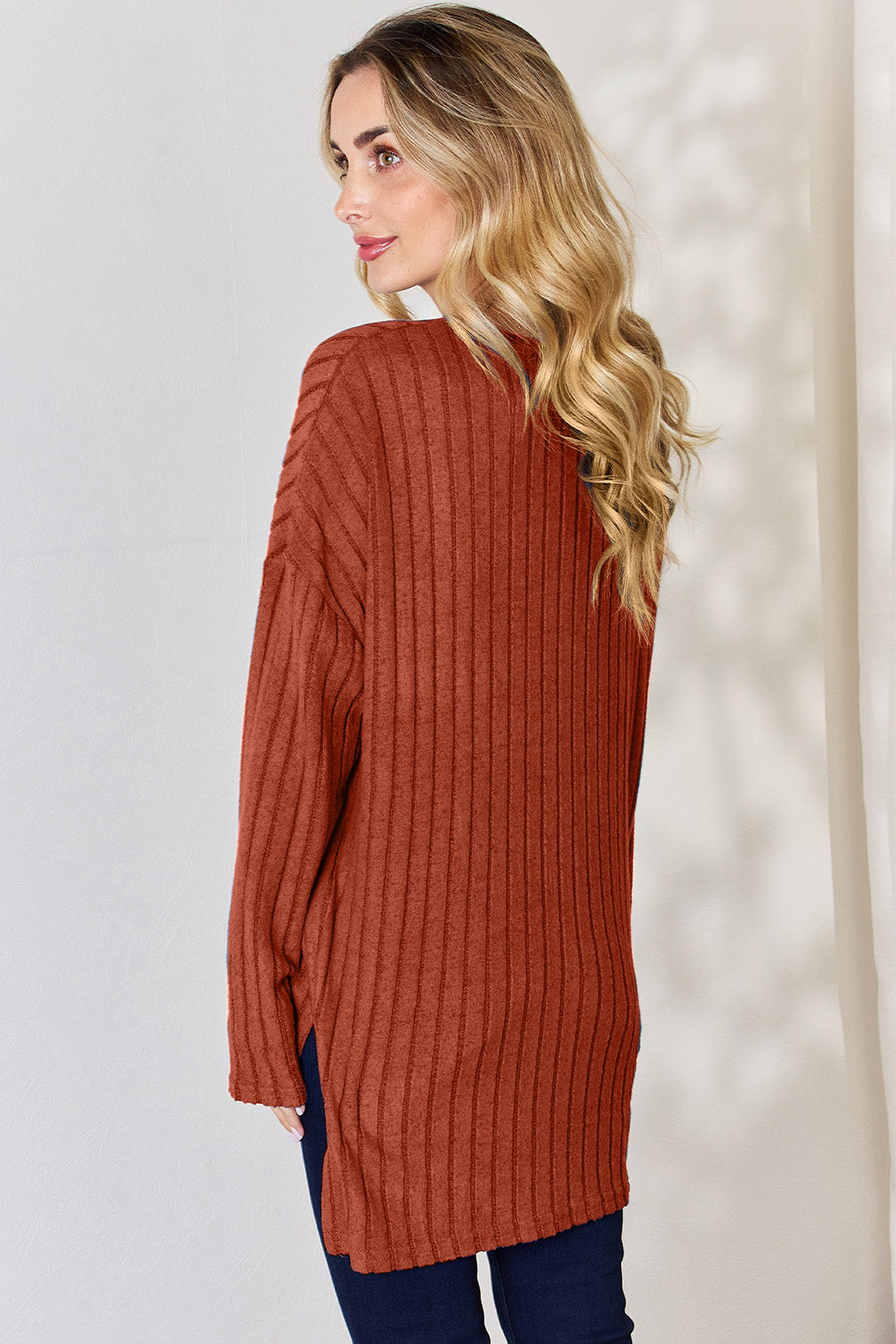 Ribbed Half Button Long Sleeve High-Low T-Shirt - 5 Colors