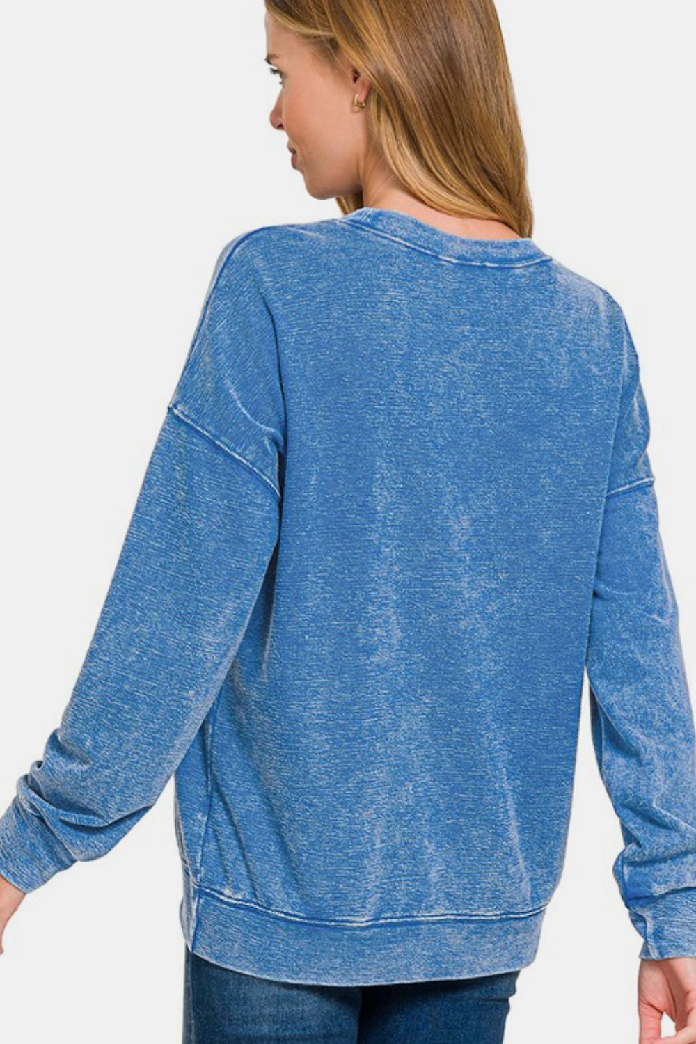 Washed Round Neck Dropped Shoulder Sweatshirt - Blue