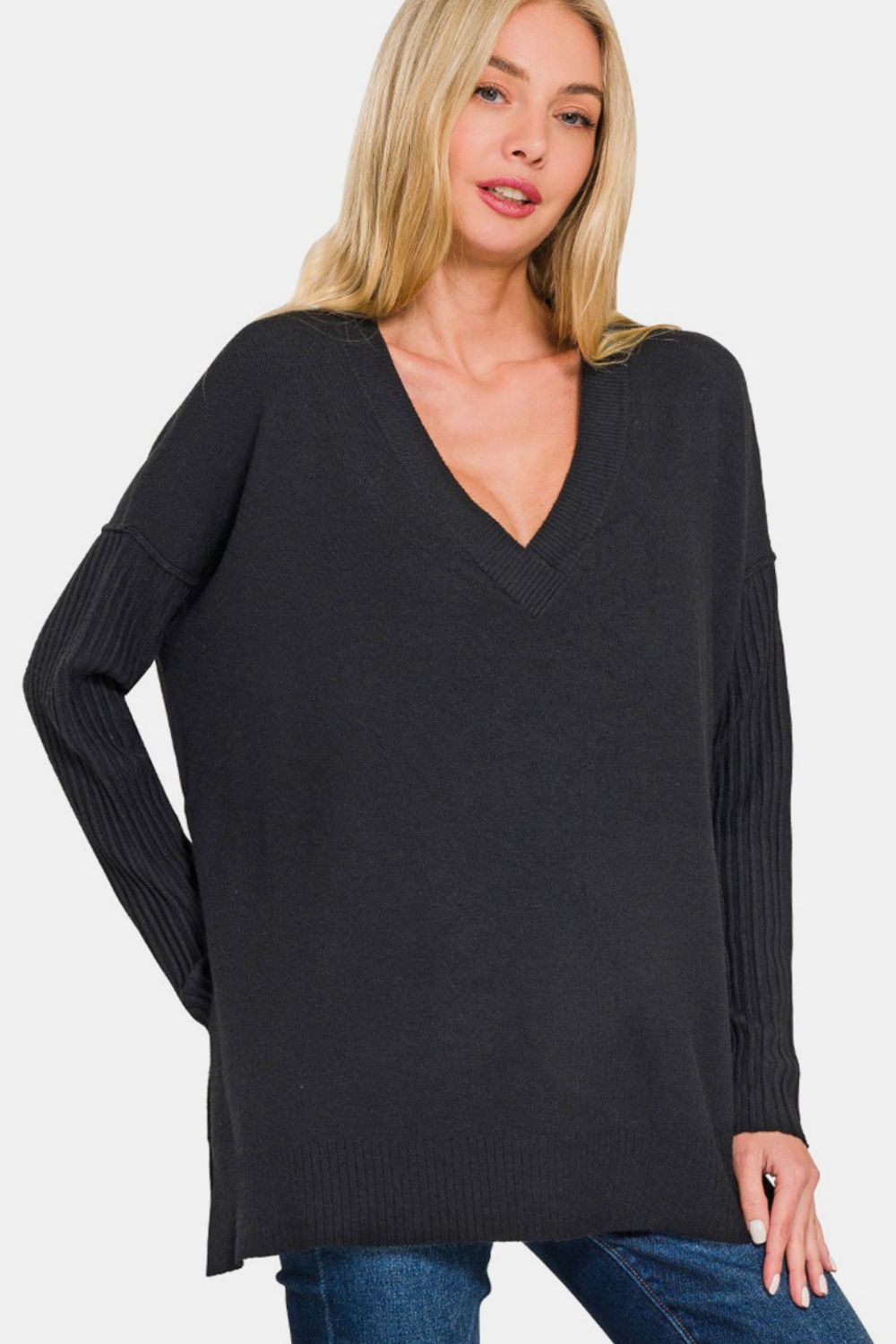 V-Neck Side Slit High-Low Sweater - Black