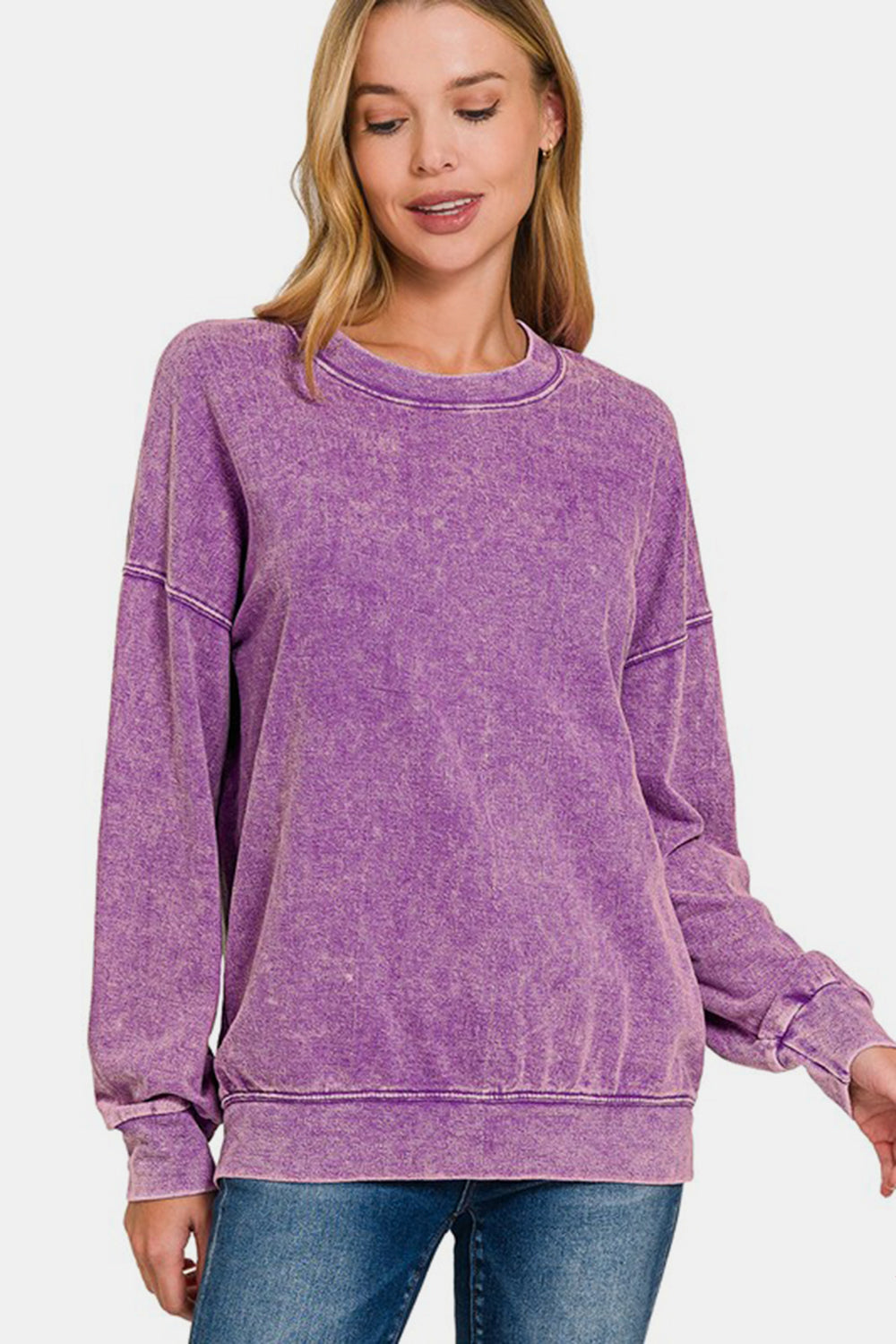 Washed Round Neck Dropped Shoulder Sweatshirt - Violet