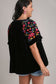 Velvet Embroidery Short Sleeve Blouse - Black