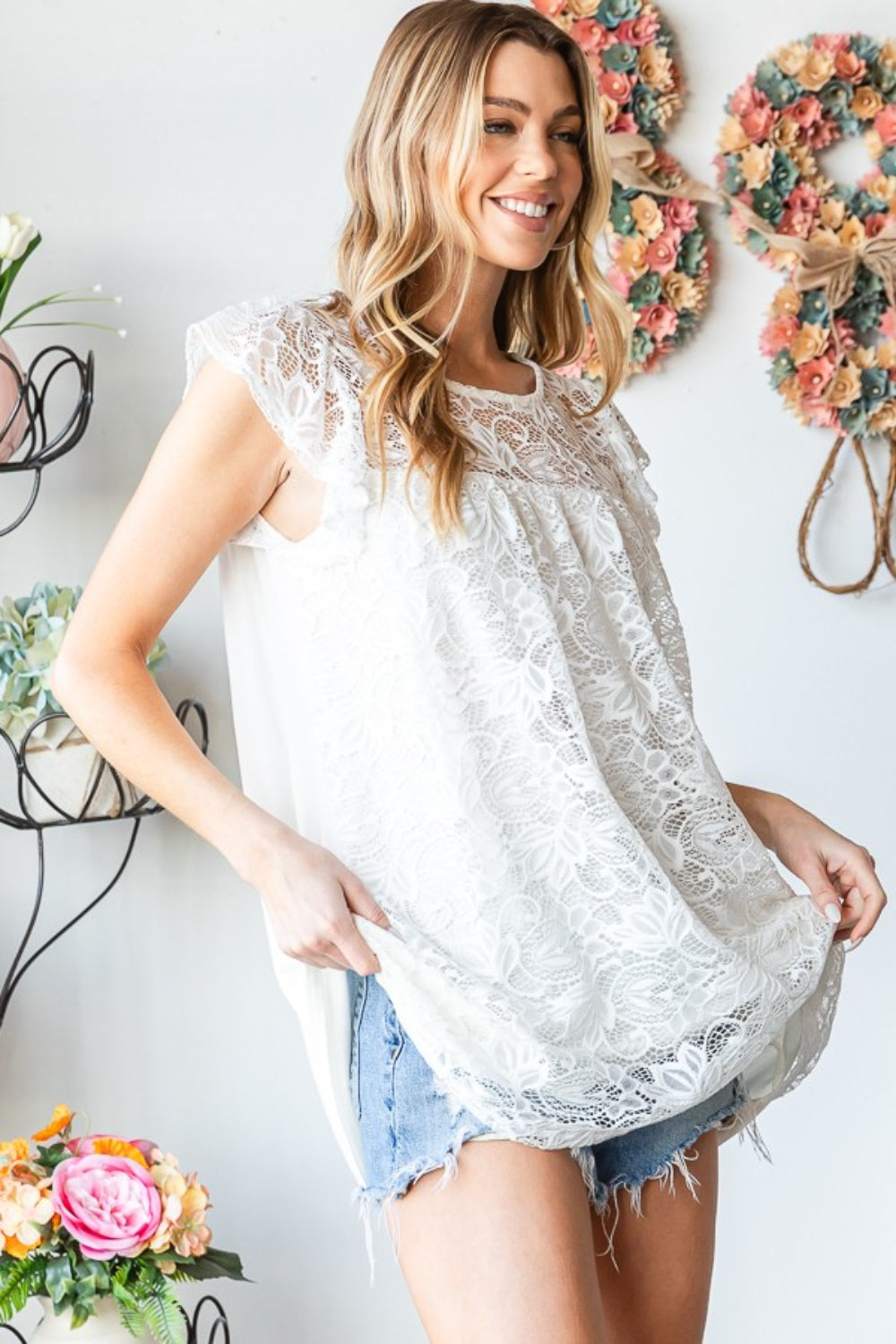 Round Neck Cap Sleeve Lace Top