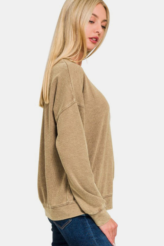 Washed Round Neck Dropped Shoulder Sweatshirt - Camel