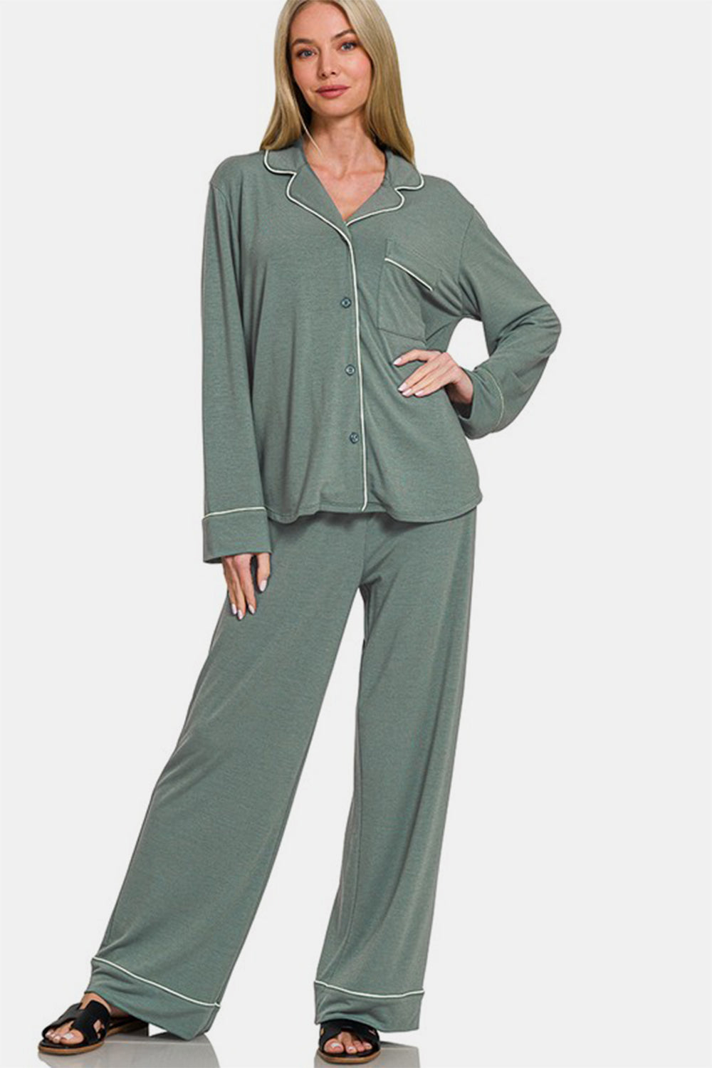 Button Down Long Sleeve Top and Pants Lounge Set - Sage