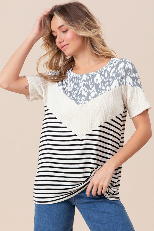 Leopard Stripe Color Block Short Sleeve T-Shirt