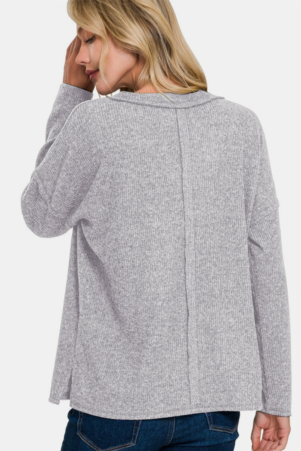 Ribbed V-Neck Drop Shoulder Top - Gray