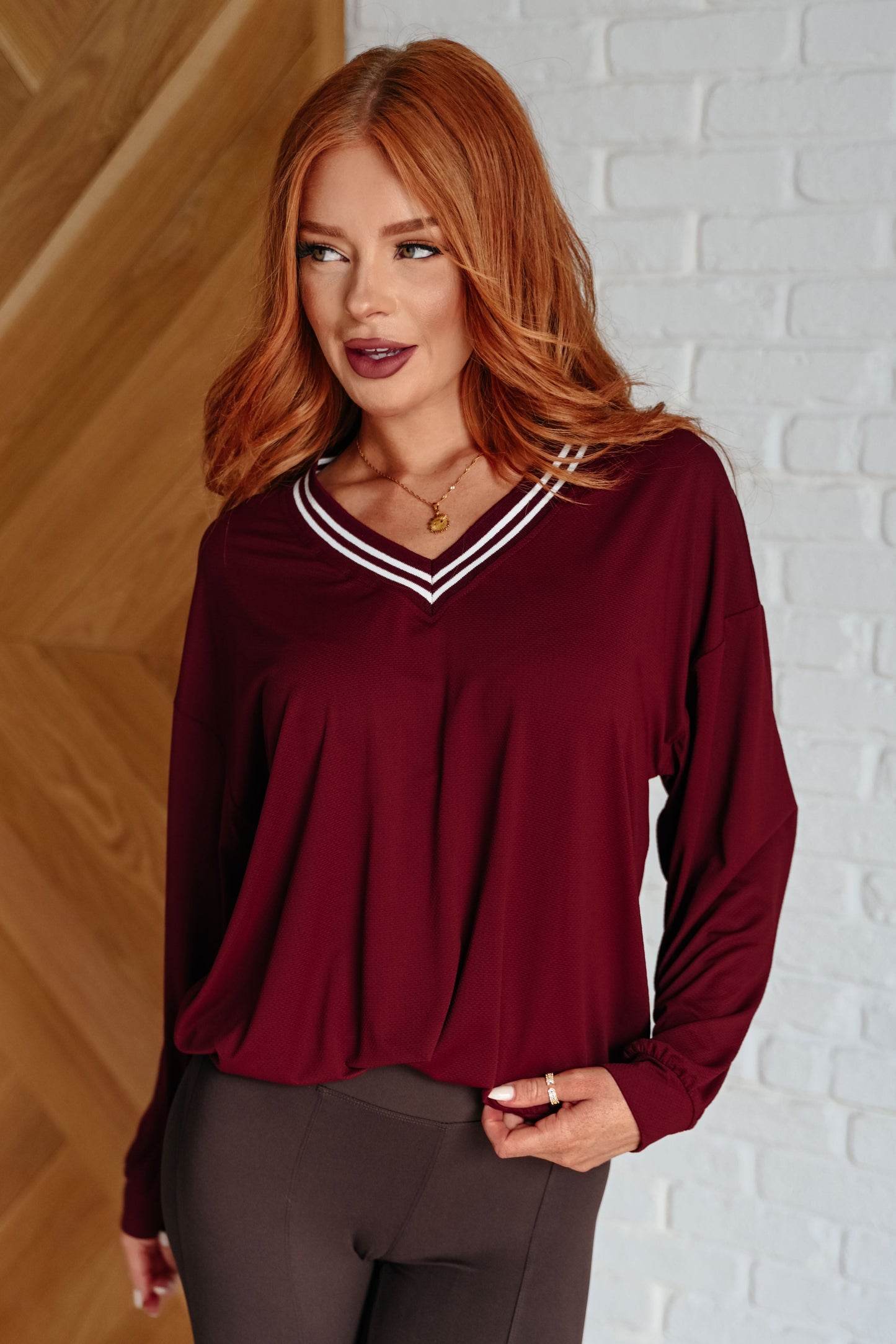 All Out Comfort V-Neck Pullover in Red Merlot