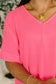 Counter Part Crinkle Woven V-Neck Top in Neon Fuchsia