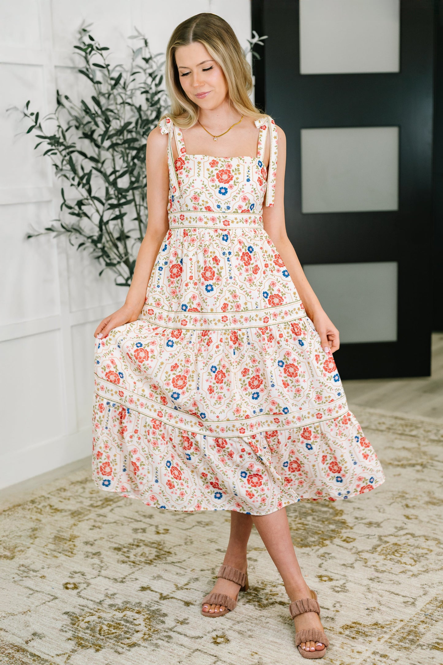 Country Crush Adjustable Strap Dress in Cream and Red