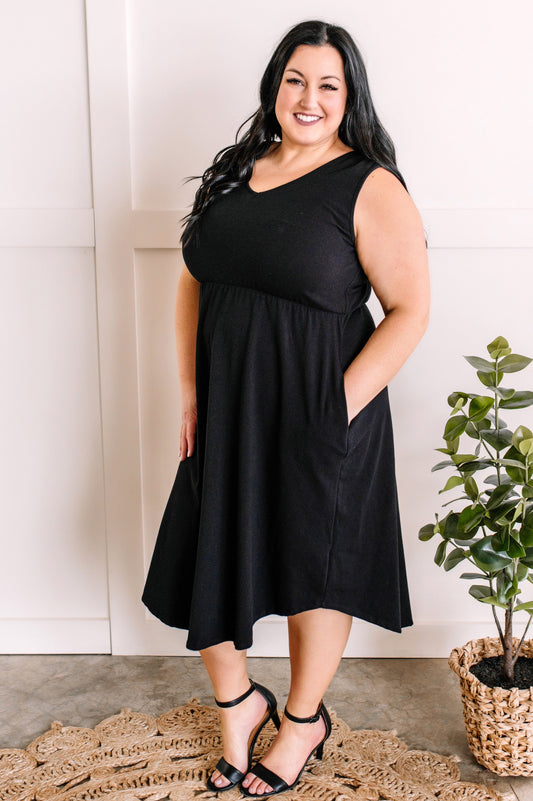 V Neck Cotton Midi Dress With Pockets In Solid Black