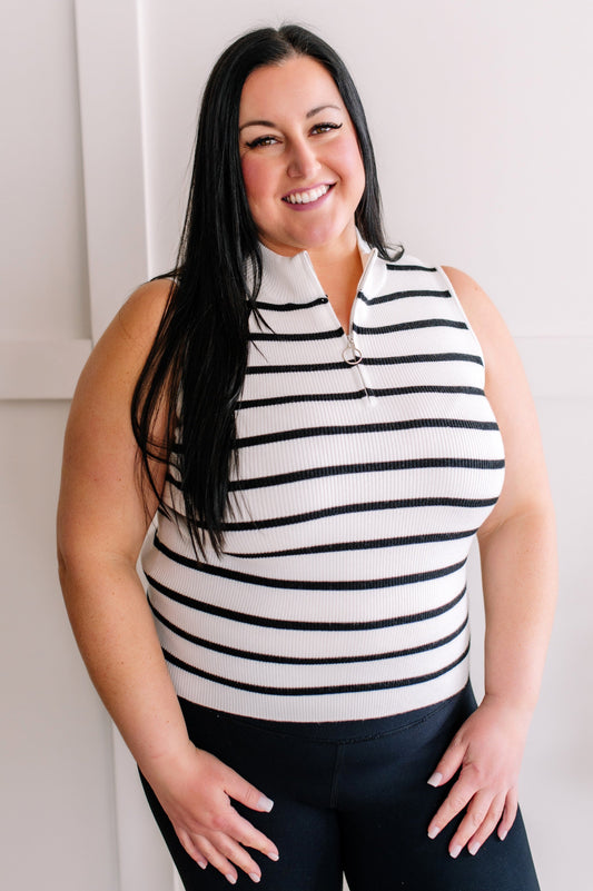 Sleeveless Zip Up Sweater Top In Black & White Stripes