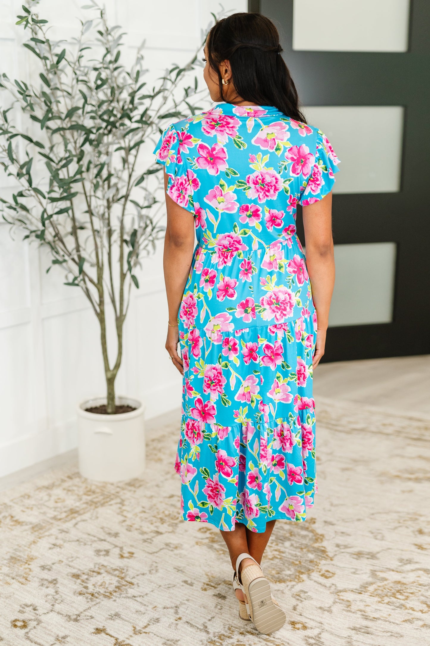 Fleurget Me Not Tiered Flutter Sleeve Dress in Aqua