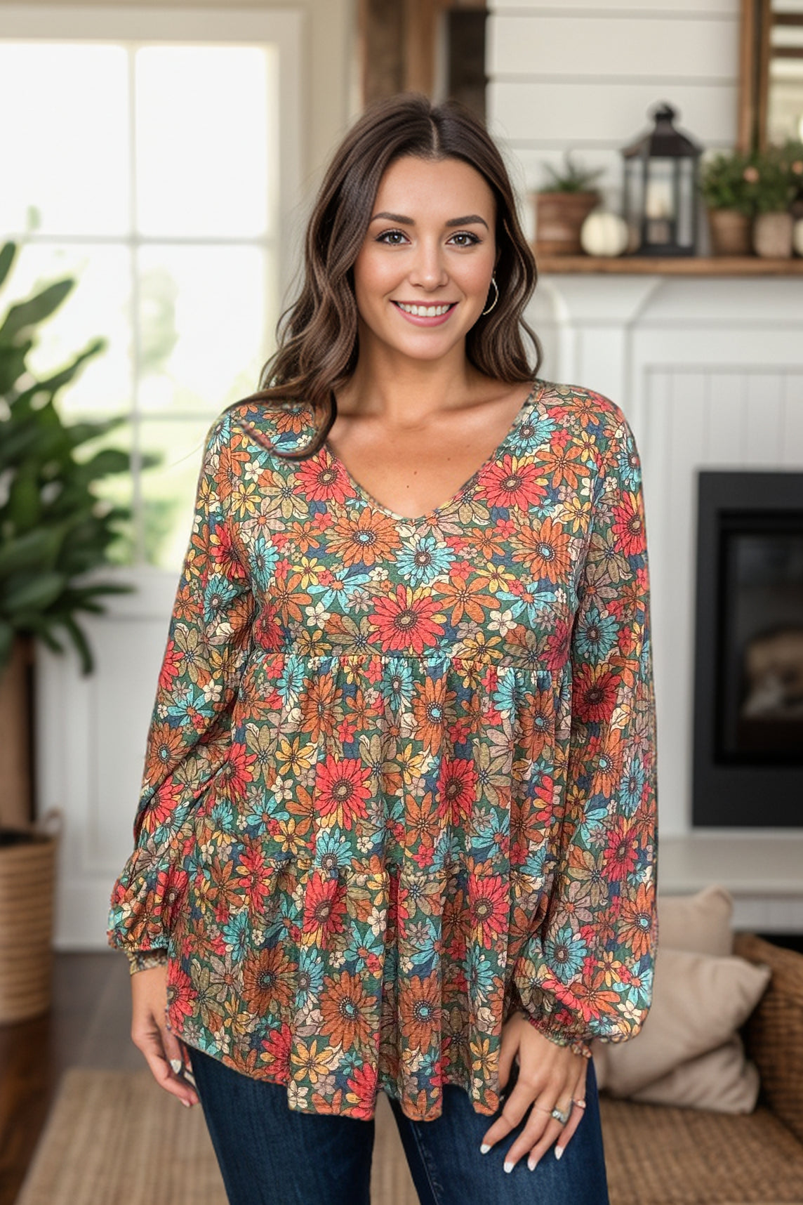 Freedom with Fall Floral - Waffle Knit Top