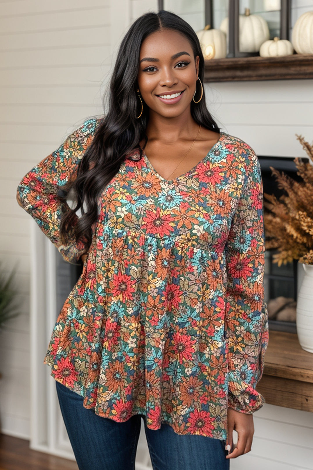 Freedom with Fall Floral - Waffle Knit Top