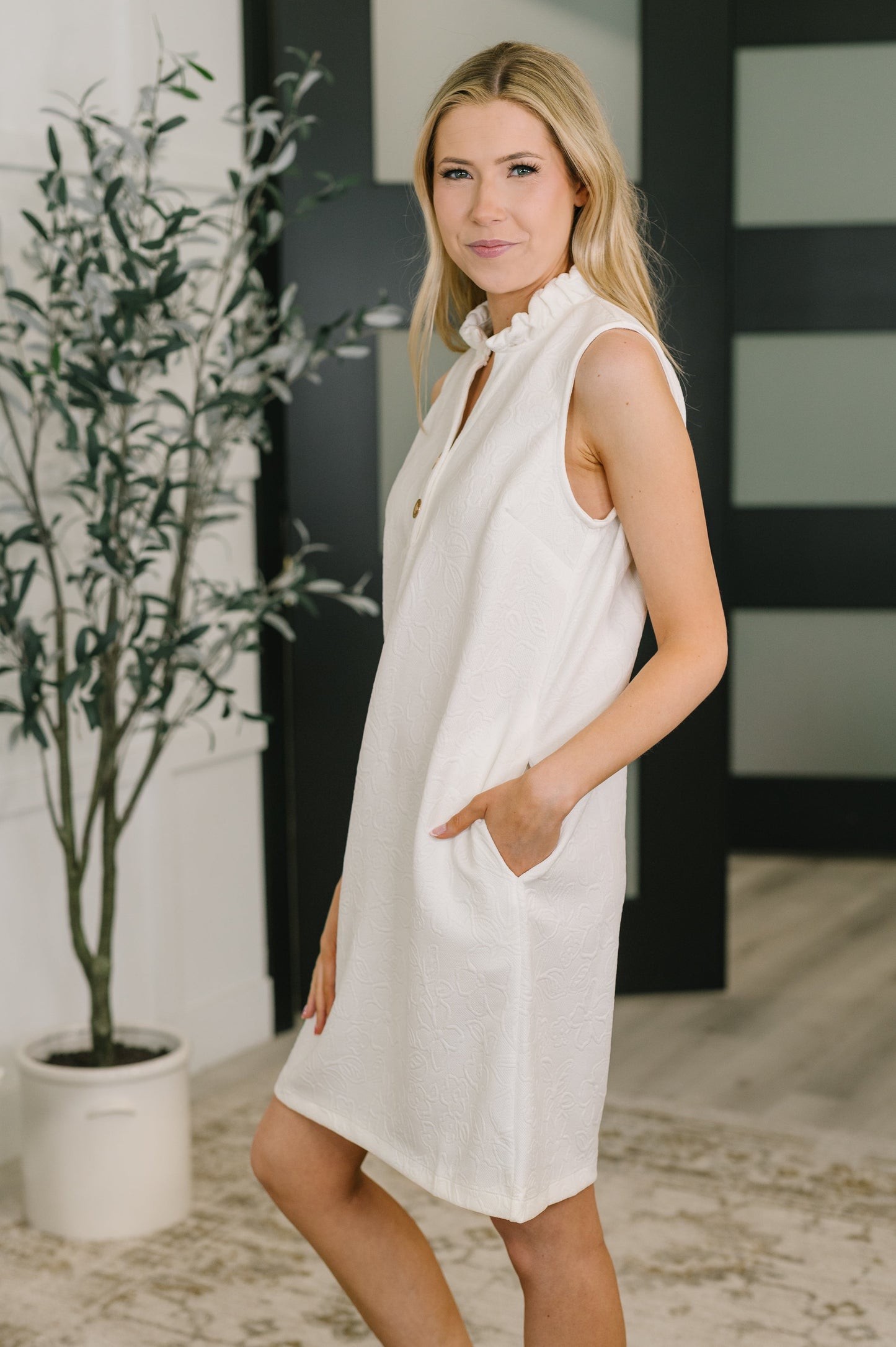 High Tide High Neck Embossed Sleeveless Dress in Off White