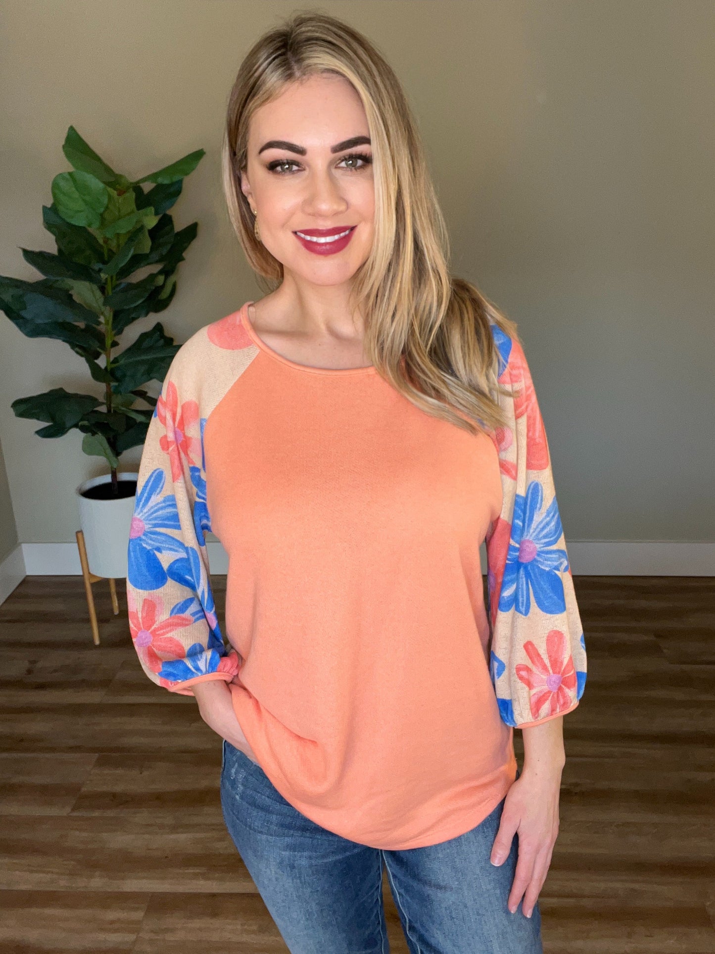 Floral Sleeve Knit Top In Coral Multi