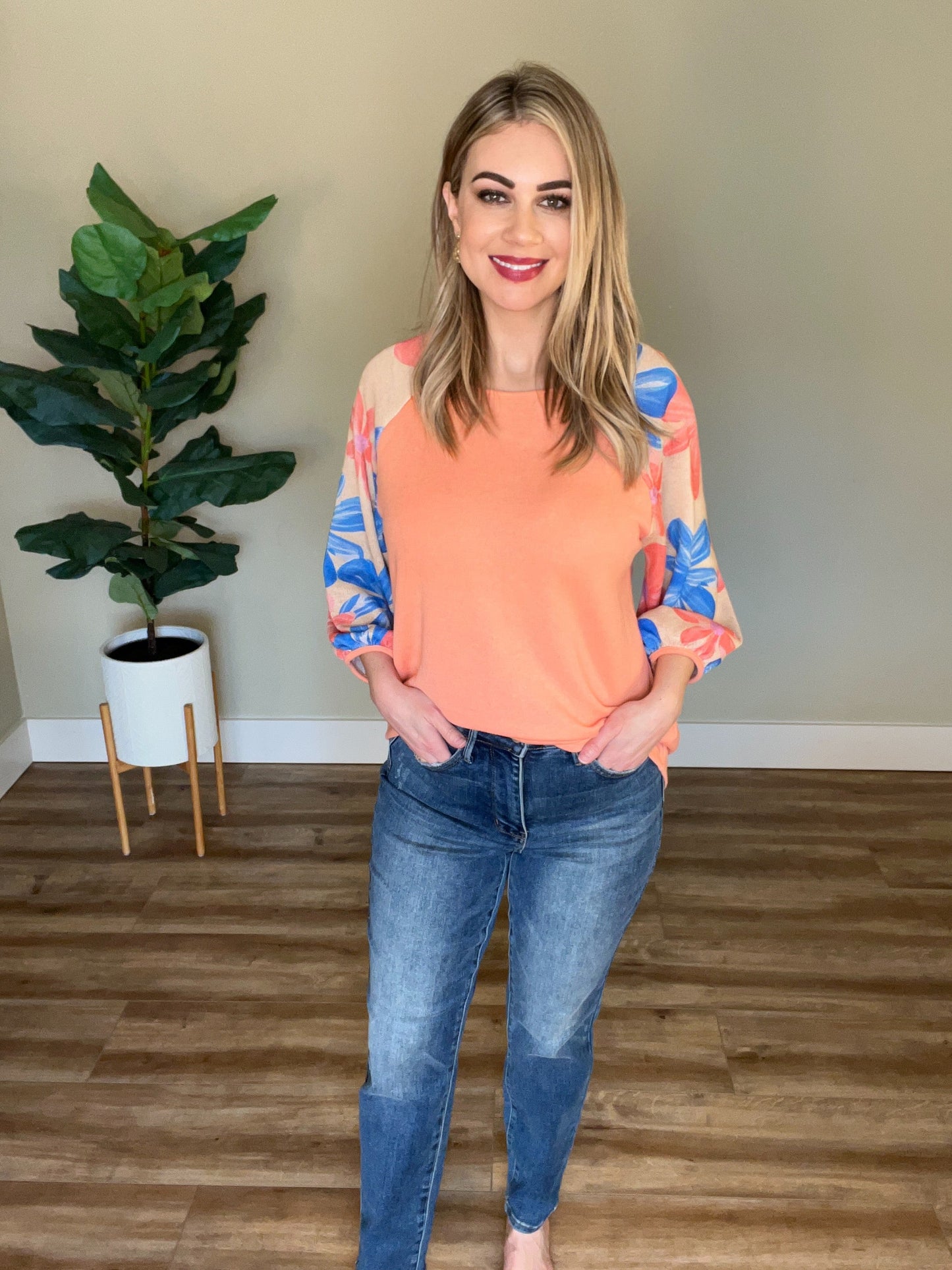 Floral Sleeve Knit Top In Coral Multi