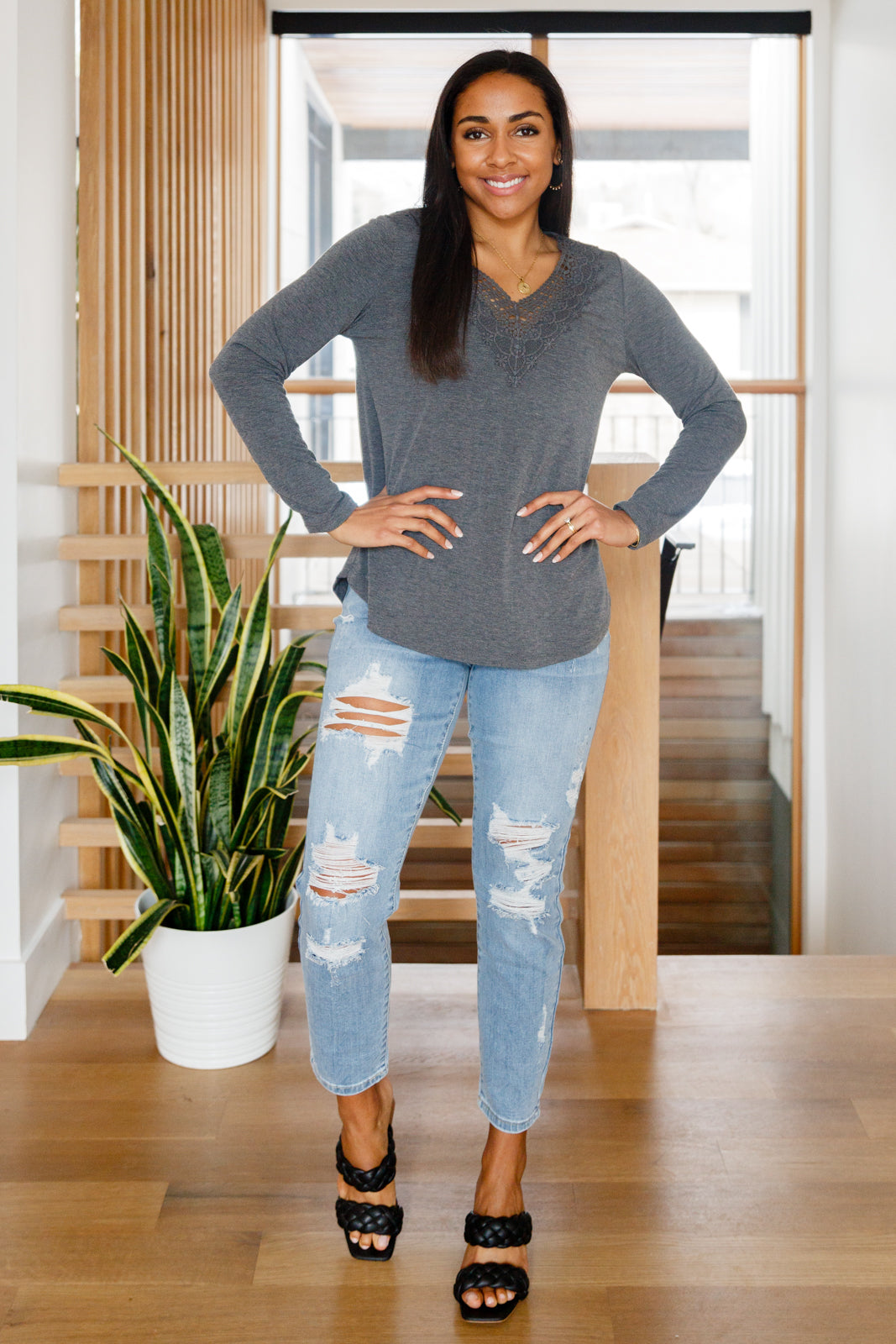 Lacey Long Sleeve V Neck Top In Gray