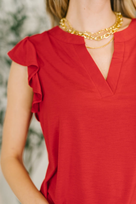 Lizzy Flutter Sleeve V-Neck Blouse in Red
