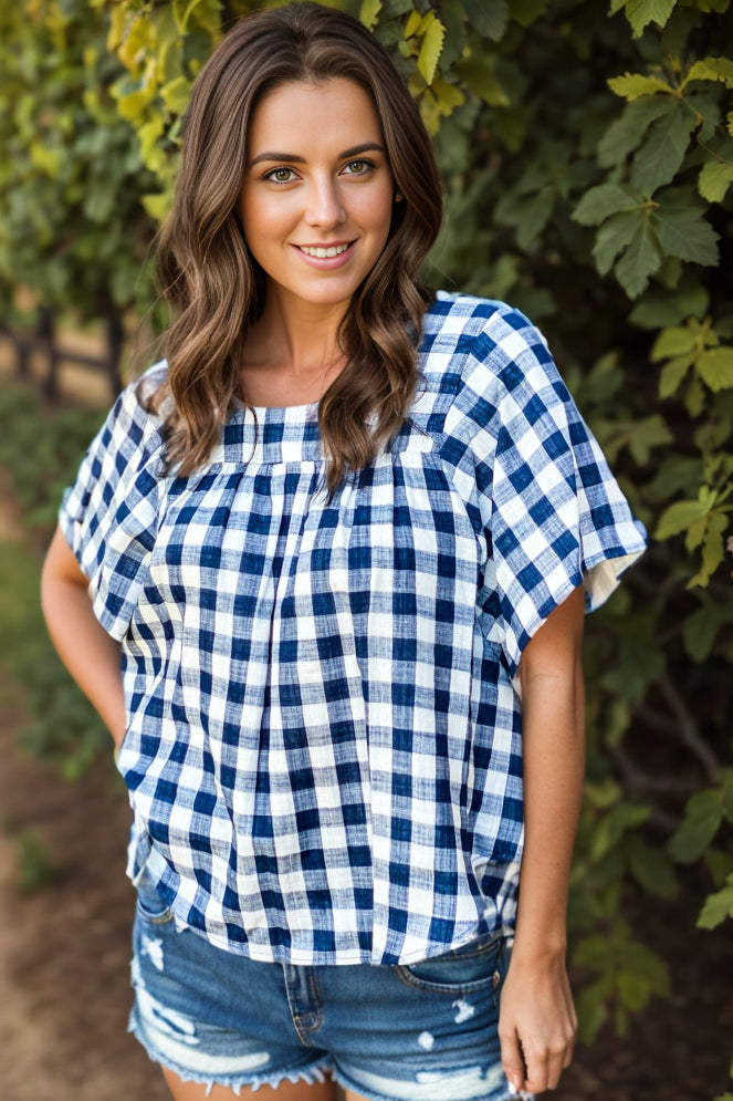 Navy Plaid Short Sleeve Top