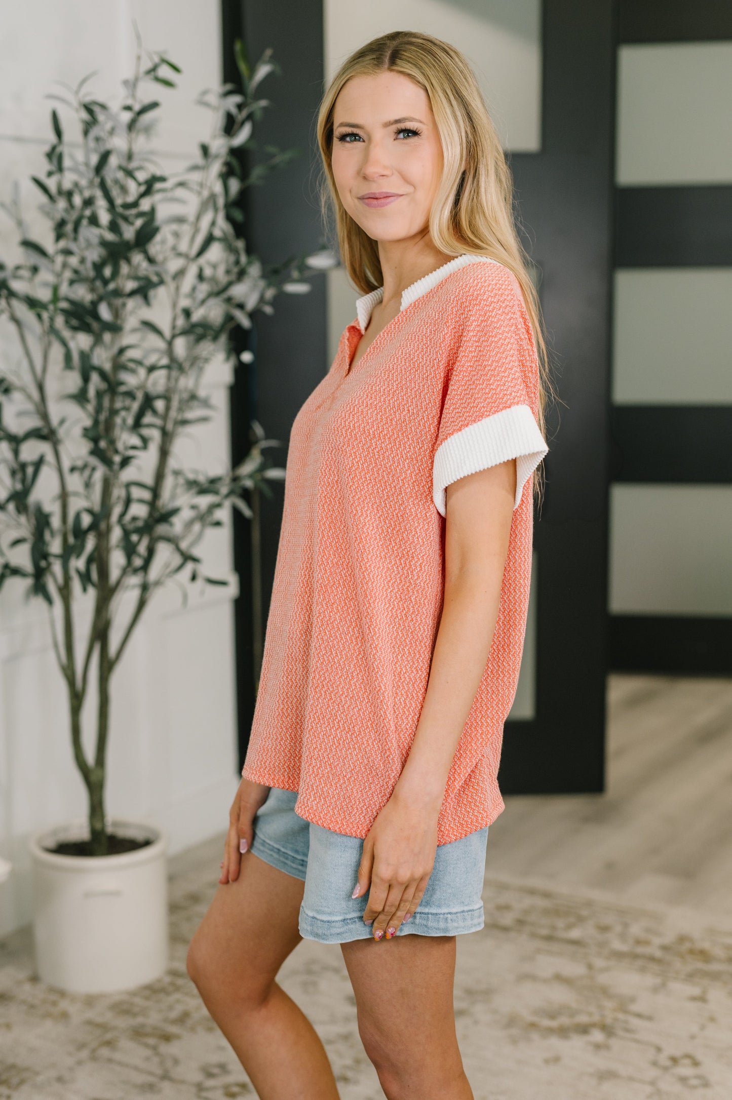 One Piece at a Time V-Neck Short Sleeve Top in Coral