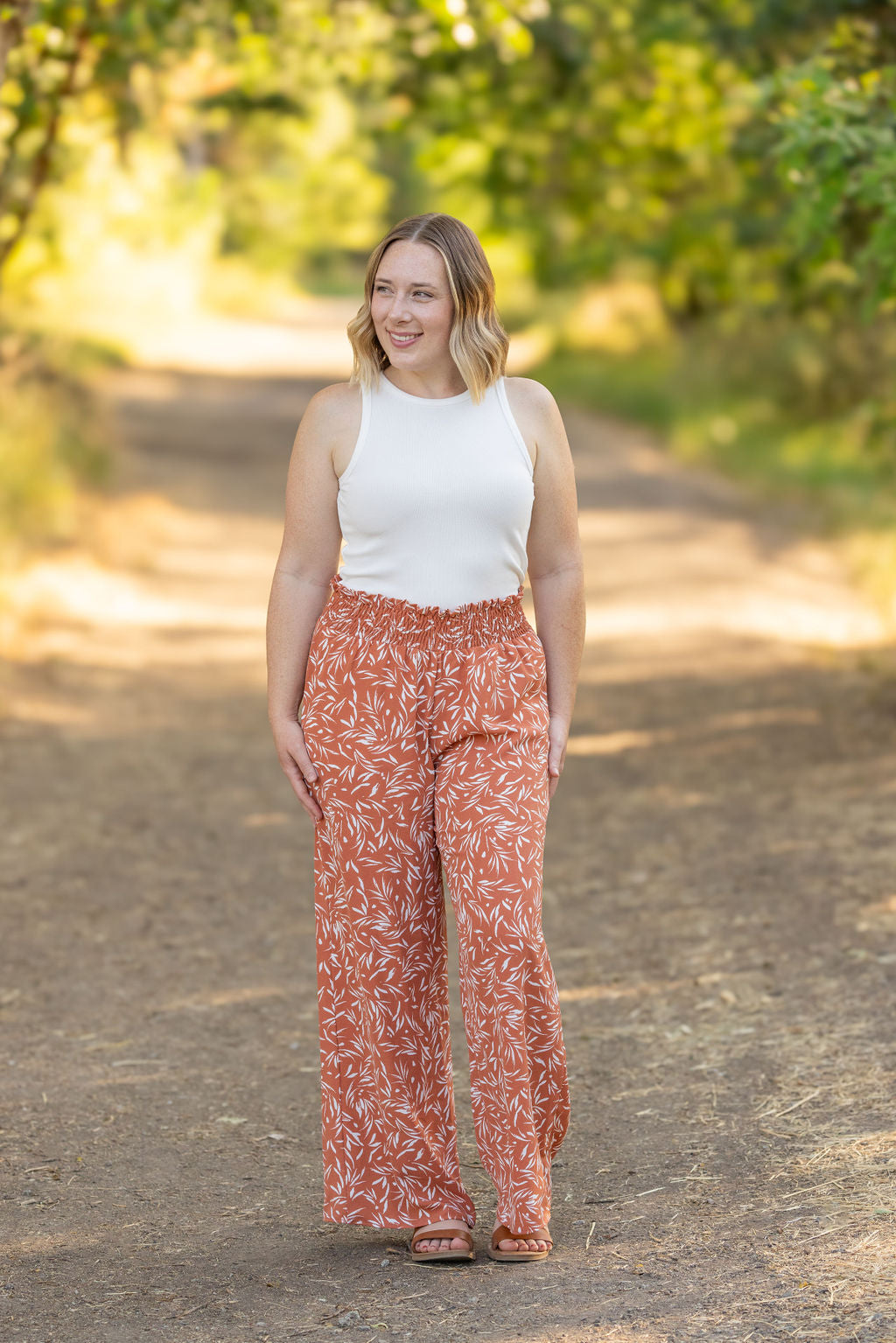 Presley Palazzo Pants - Rust Leaves | Women's Wide-Leg Pants