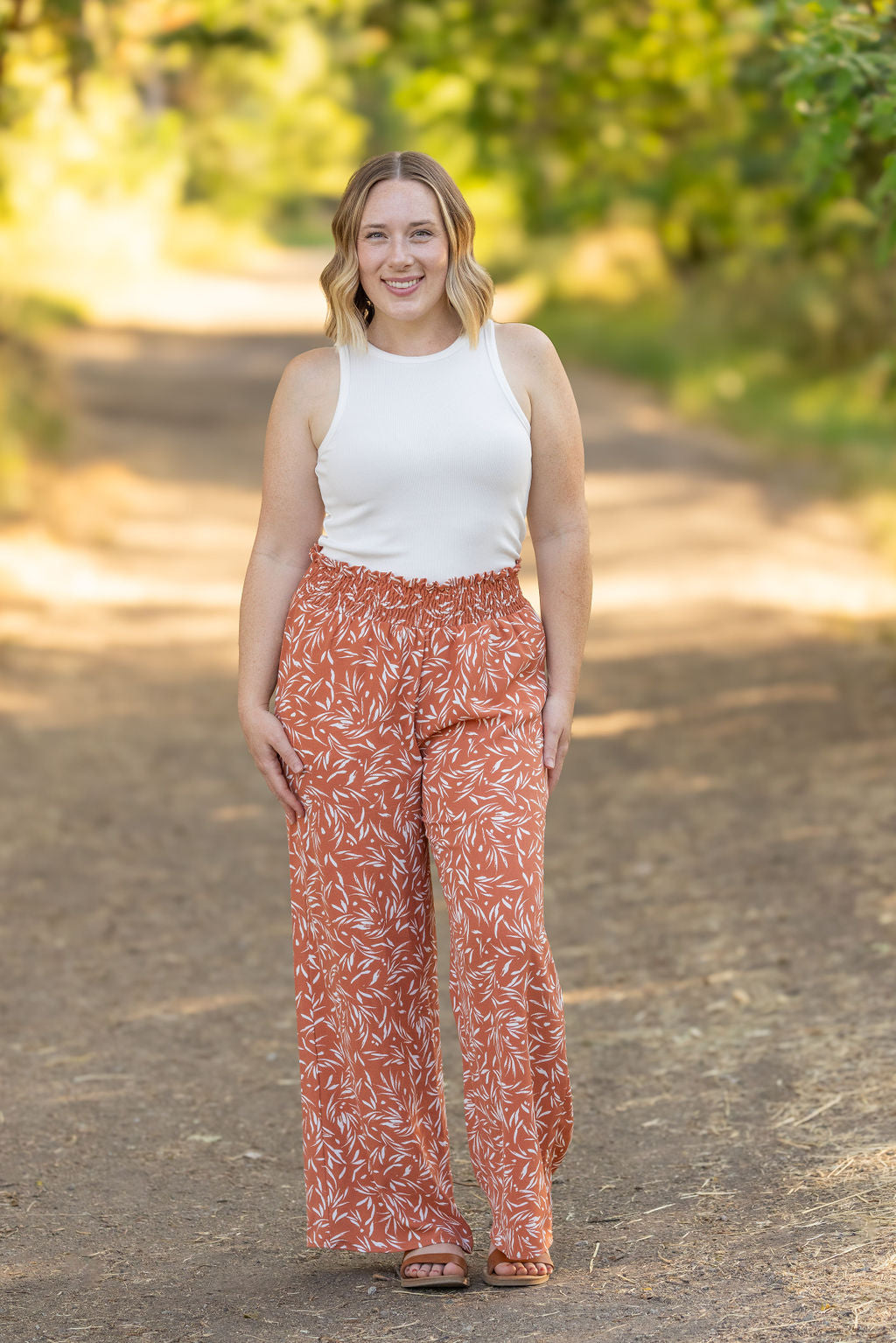 Presley Palazzo Pants - Rust Leaves | Women's Wide-Leg Pants