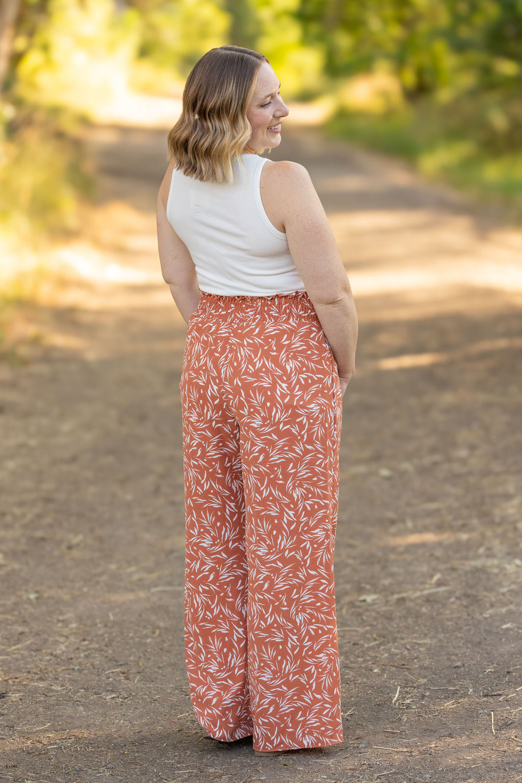 Presley Palazzo Pants - Rust Leaves | Women's Wide-Leg Pants