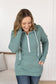 Sage color Pixie Pocket Halfzip Hoodie with triple stretch fabric, pocket on the sleeve, kangaroo pocket, and a feminine fit for comfort and style.