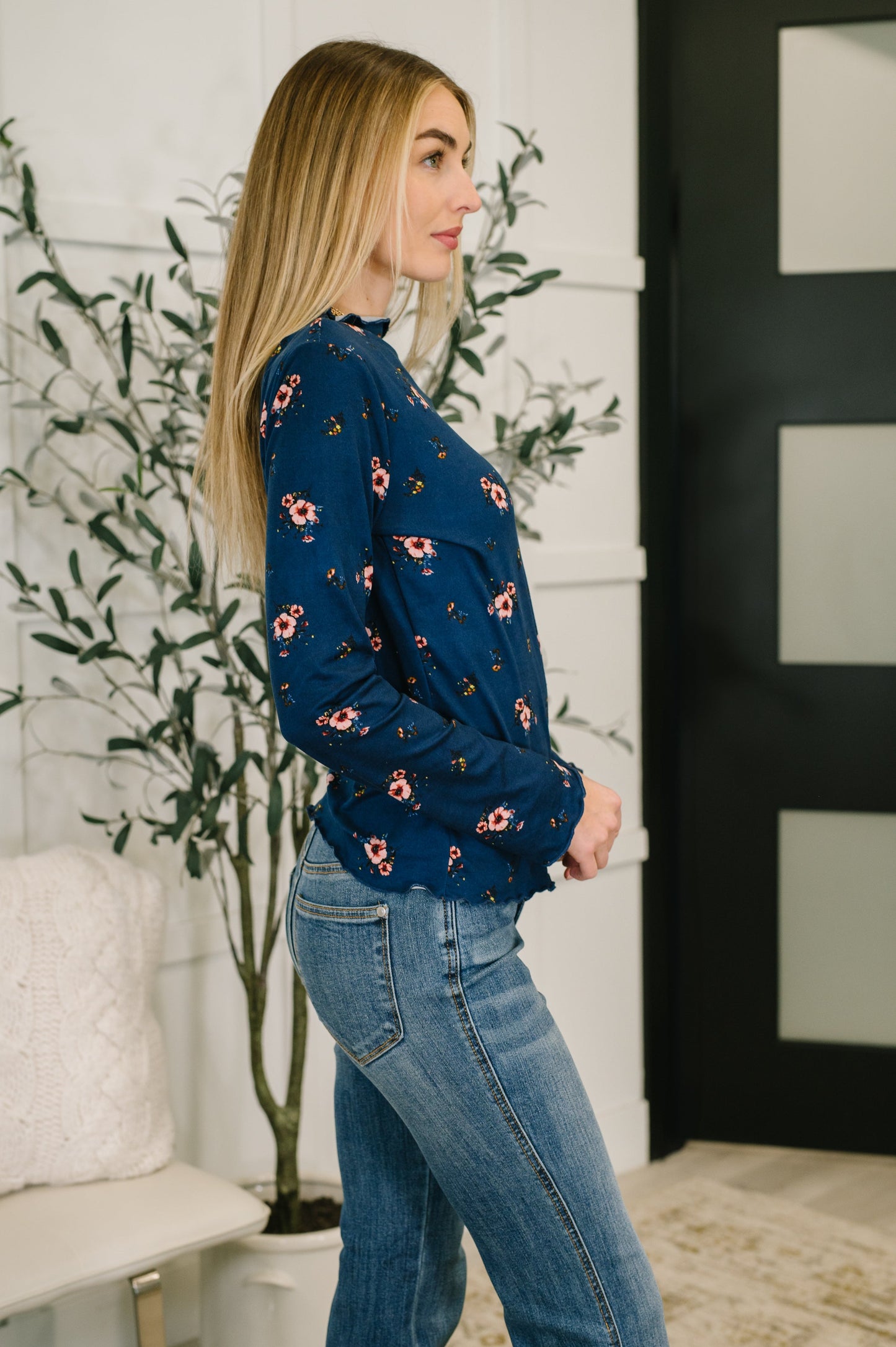 Something in the Air Lettuce Hem Long Sleeve Top in Navy