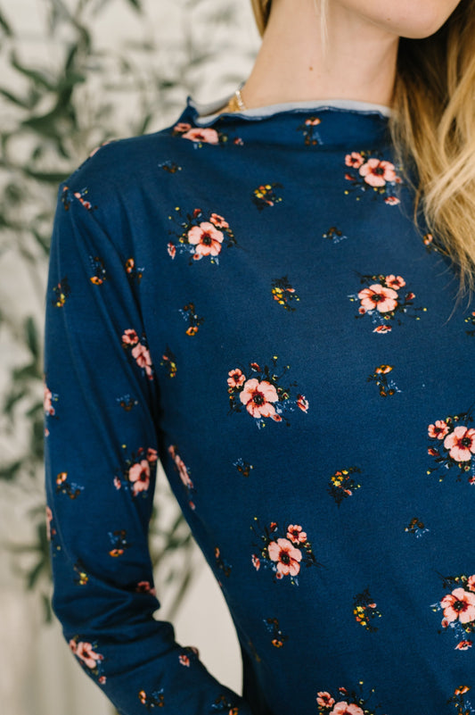 Something in the Air Lettuce Hem Long Sleeve Top in Navy