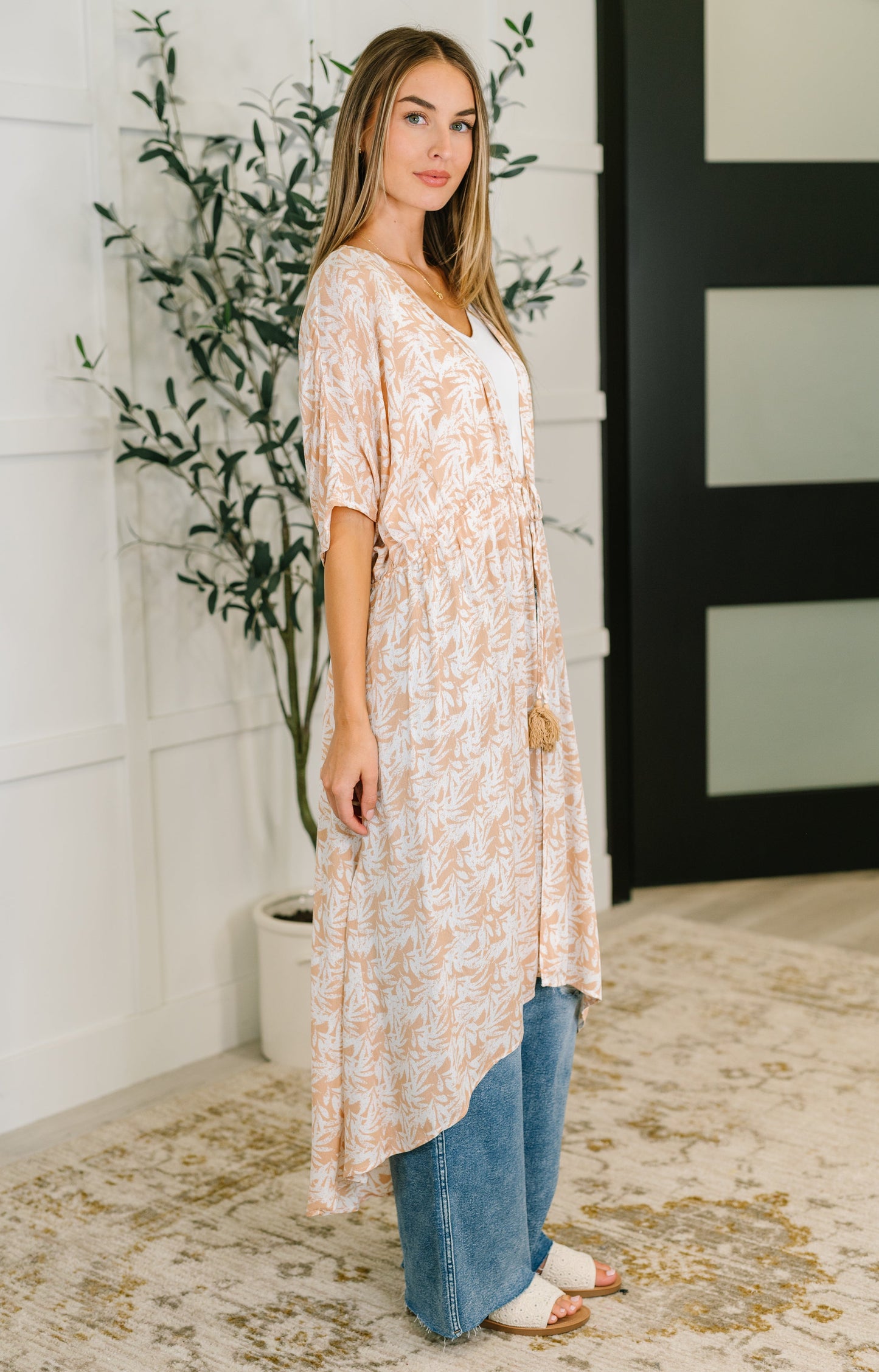 Tropical Print Gauze Kimono with Elastic Waist Tie in Milk Tea