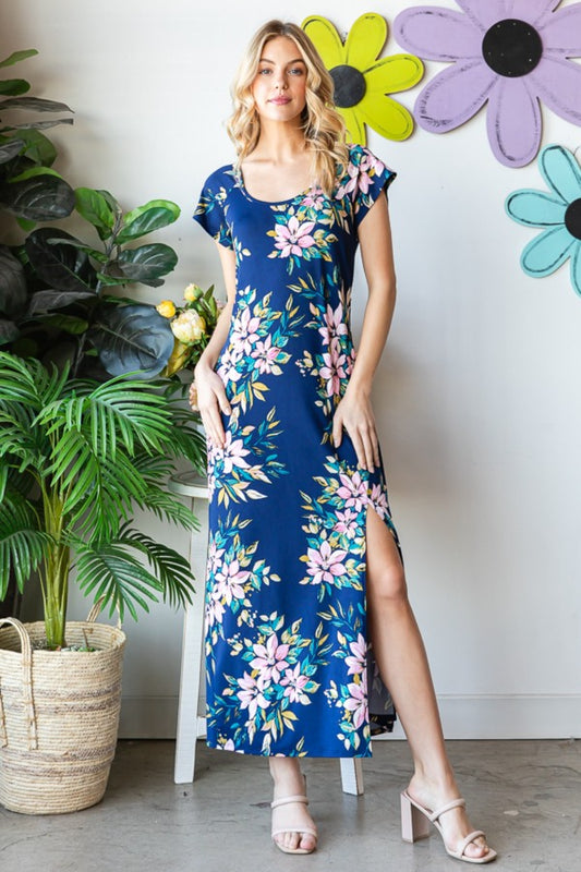 Floral Short Sleeve Slit Dress